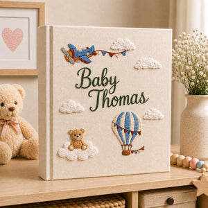 Hand Embroidered Baby Photo Album with Teddy Bear, Hot Air Balloon & Airplane Linen Memory Book, Newborn Keepsake Album, Baby Shower Gift