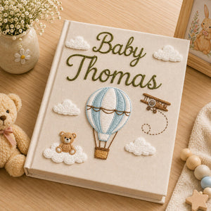 Hand Embroidered Baby Photo Album with Teddy Bear, Hot Air Balloon & Airplane Linen Memory Book, Newborn Keepsake Album, Baby Shower Gift