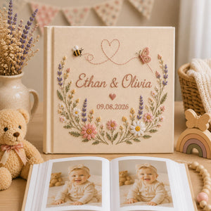 Personalized Hand Embroidered Wedding Photo Album, Floral Wedding Keepsake Album, Custom Name Guest Book, Handmade Linen Memory Book