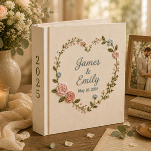 Personalized Hand Embroidered Floral Linen Wedding Photo Album, Floral Wedding Keepsake Album, Handmade Linen Memory Book, Bridal Gift