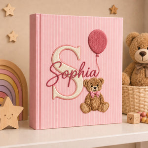 Hand Embroidered Baby Photo Album with Teddy Bear, Teddy Bear Balloon Linen Keepsake Memory Book, Baby Shower Gift, Girl Nursery Album