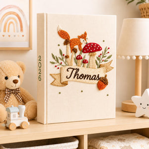 Custom Hand Embroidered Baby Photo Album With Sleeves, Linen Baby Memory Book, Fox Mushroom Woodland Baby Scrapbook Keepsake, Nursery Gift