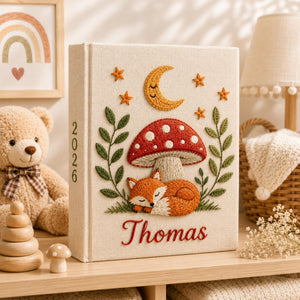 Custom Hand Embroidered Baby Photo Album With Sleeves, Linen Baby Memory Book, Fox Mushroom Woodland Baby Scrapbook Keepsake, Nursery Gift