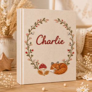 Custom Hand Embroidered Baby Photo Album With Sleeves, Linen Baby Memory Book, Fox Mushroom Woodland Baby Scrapbook Keepsake, Nursery Gift