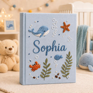 Custom Hand Embroidered Linen Baby Photo Album, Personalized Ocean Baby Memory Book, Whale Linen Keepsake Album, Newborn Keepsake Album