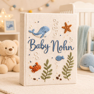 Custom Hand Embroidered Linen Baby Photo Album, Personalized Ocean Baby Memory Book, Whale Linen Keepsake Album, Newborn Keepsake Album