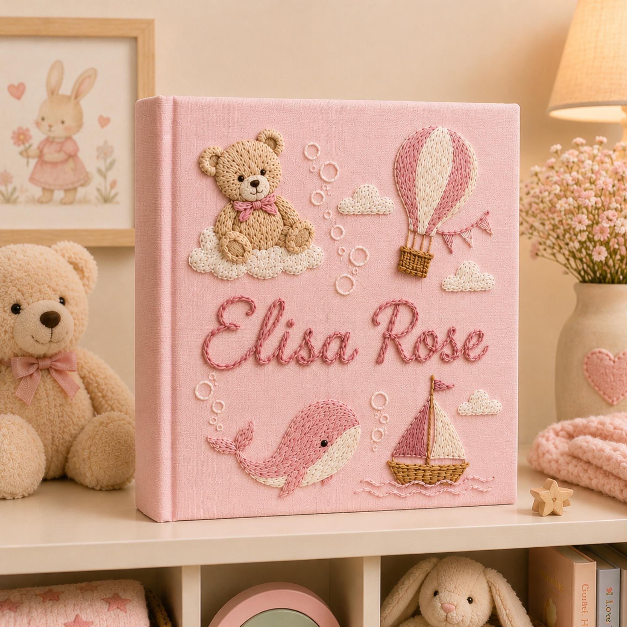 Hand Embroidered Teddy Bear Baby Photo Album, Teddy Bear Hot Air Balloon Whale Memory Book, Linen Keepsake Baby Book, Newborn Gift