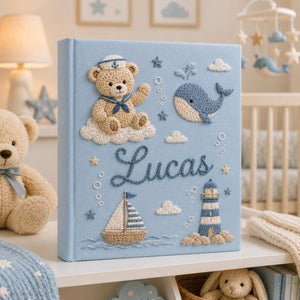 Hand Embroidered Teddy Bear Baby Photo Album, Personalized Sailor Teddy Bear Ocean Memory Book, Newborn Keepsake Gift, Nursery Decor Album
