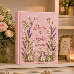 Hand-Embroidered Wildflower Linen Photo Album, Floral Wedding Keepsake Album, Wedding Memory Book, Bride Groom Gift, Anniversary Photo Book