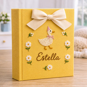 Personalized Floral Goose Baby Embroidered Photo Album, Custom Hand Embroidered Keepsake Album, Linen Memory Book, Girl Nursery Album
