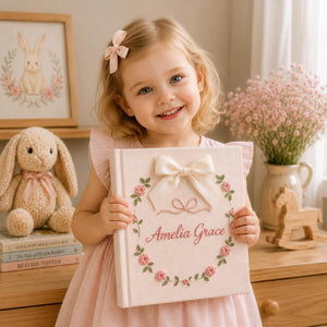 Personalized Floral Goose Baby Embroidered Photo Album, Embroidered Goose Keepsake Album, Linen Baby Memory Book, Unique Girl Newborn Gifts
