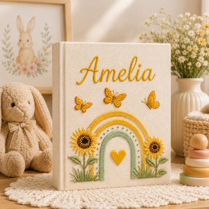 Custom Hand Embroidered Baby Photo Album, Embroidered Floral Rainbow Memory Book, Custom Newborn Keepsake Album, Baby Shower Gift