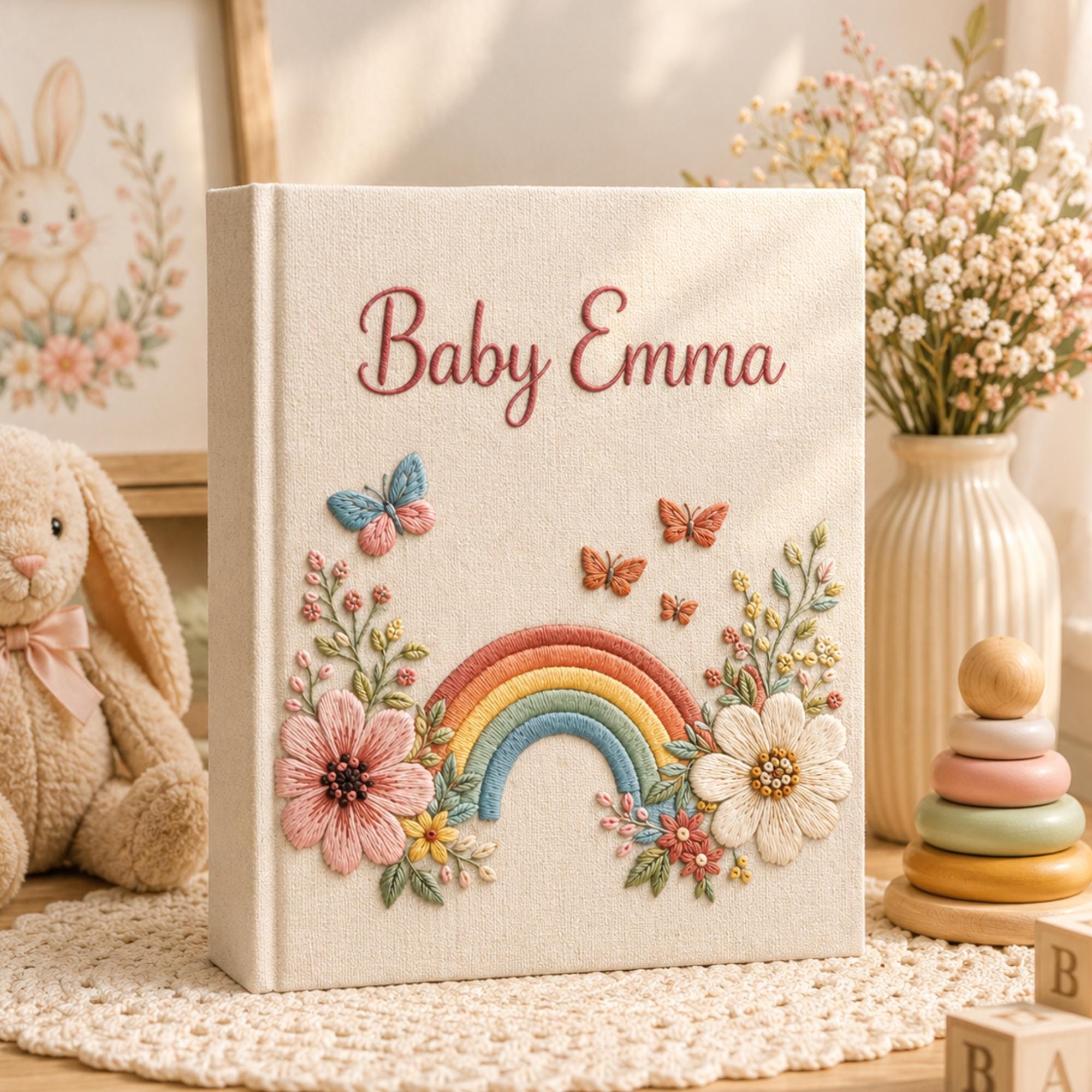 Custom Hand Embroidered Baby Photo Album, Embroidered Floral Rainbow Memory Book, Custom Newborn Keepsake Album, Baby Shower Gift