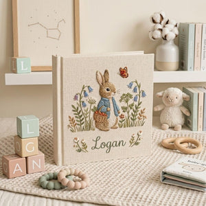Bunny Hand Embroidered Baby Photo Album, Personalized Baby Memory Book, Custom Name Keepsake, Floral Nursery Gift