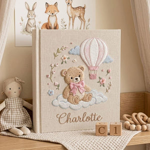 Teddy Bear Hand Embroidered Baby Photo Album, Personalized Baby Memory Book, Hot Air Balloon Nursery Keepsake Gift
