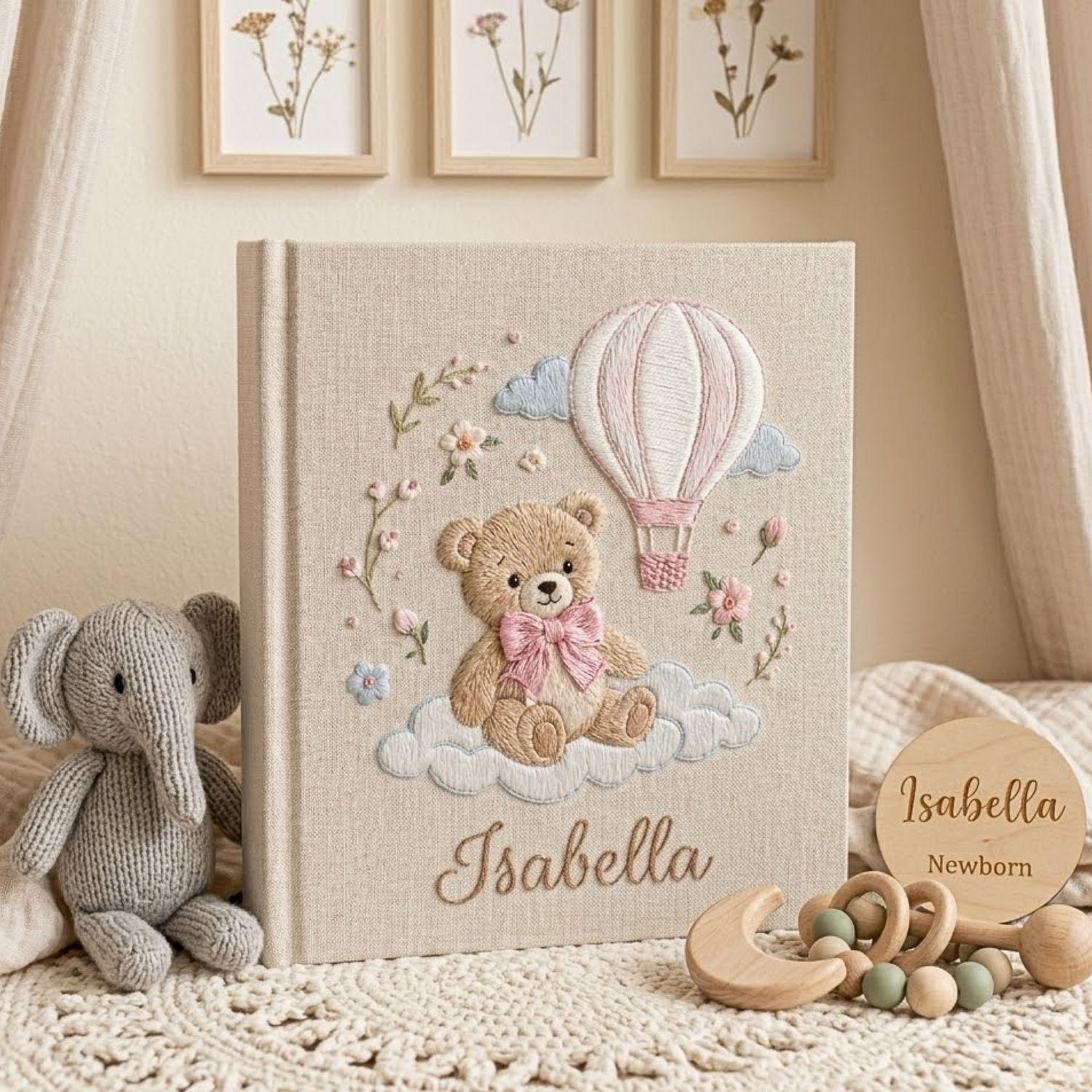 Teddy Bear Hand Embroidered Baby Photo Album, Personalized Baby Memory Book, Hot Air Balloon Nursery Keepsake Gift