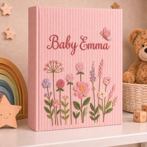 Personalized Hand Embroidered Baby Photo Album, Floral Butterfly Baby Scrapbook, Newborn Keepsake Album, Baby Shower Book Gift