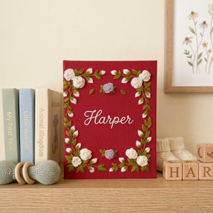 Floral Baby Photo Album, Personalized Hand Embroidered Baby Memory Book, Custom Nursery Keepsake Gift With Name