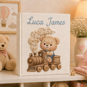 Embroidered Little Train Linen Baby Photo Album , Custom Airplane and Train Baby Memory Book, Baby Shower Gift, Baby Boy Keepsake Album