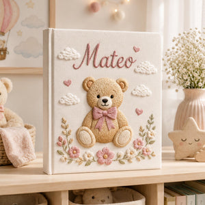 Personalized Embroidered Teddy Bear Initial Baby Photo Album, Custom Hand Embroidered Linen Memory Book, Baby Keepsake Album, Newborn Gift