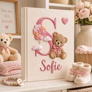 Personalized Embroidered Teddy Bear Initial Baby Photo Album, Custom Hand Embroidered Linen Memory Book, Baby Keepsake Album, Newborn Gift