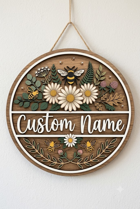 Custom Personalized Teacher Sign, Bee Classroom Decor For Teacher Name Sign, Daisy Floral Wooden Sign
