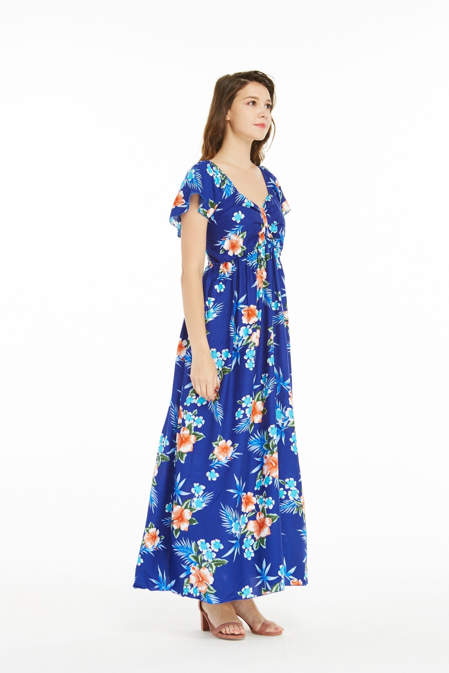 Women's Maxi Ruffle Sleeve Dress in Hibiscus Blue