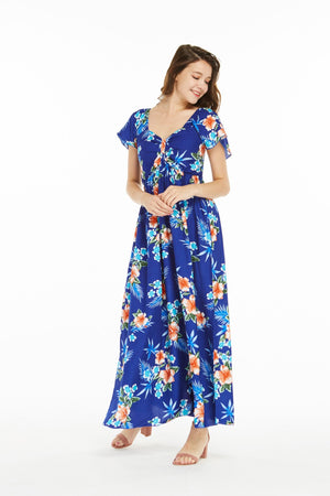 Women's Maxi Ruffle Sleeve Dress in Hibiscus Blue