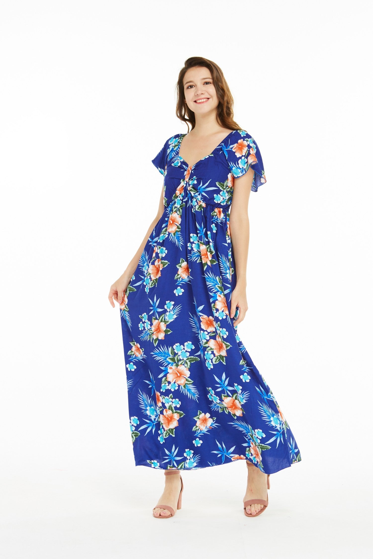 Women's Maxi Ruffle Sleeve Dress in Hibiscus Blue