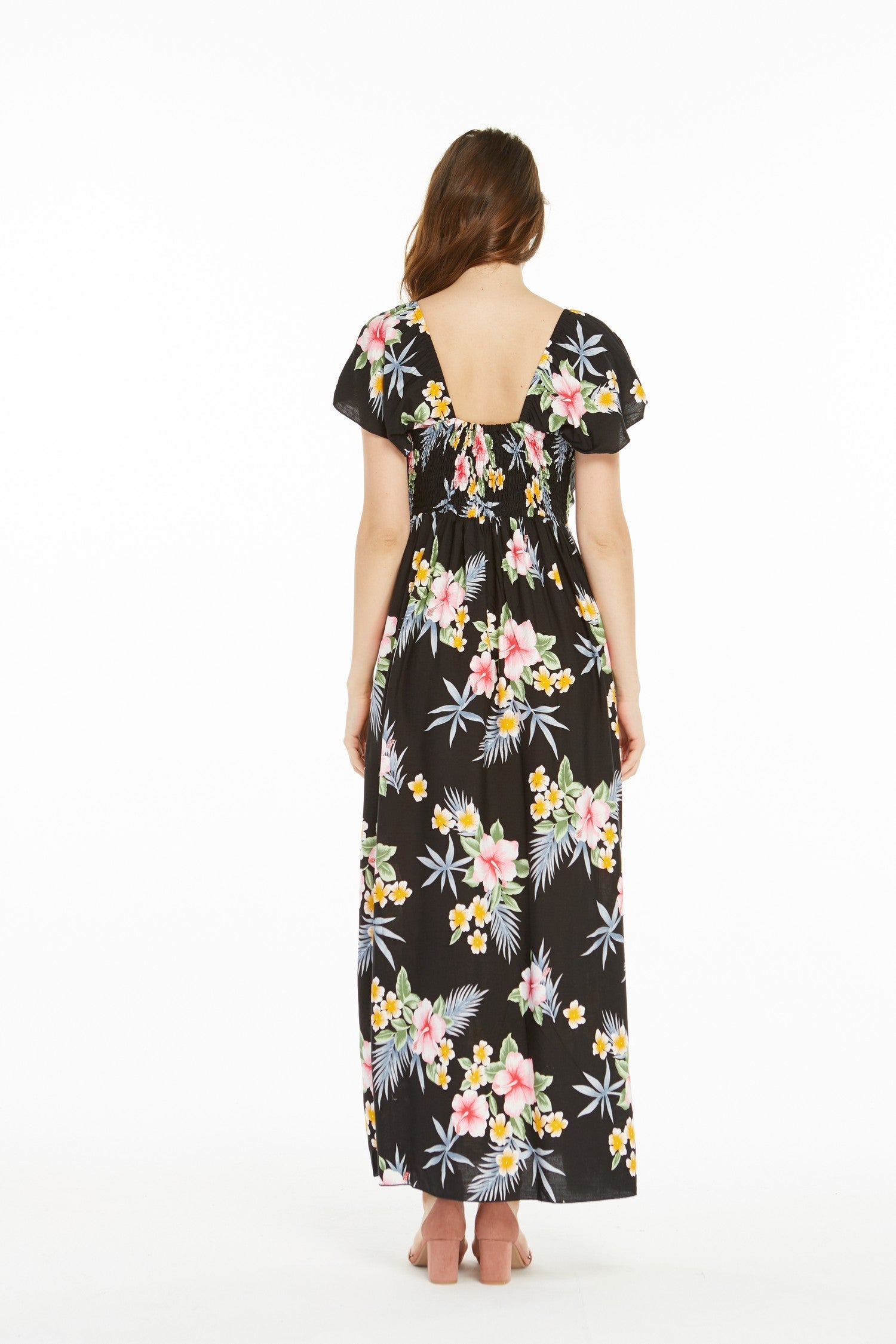 Women's Maxi Ruffle Sleeve Dress in Hibiscus Black