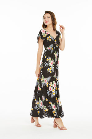 Women's Maxi Ruffle Sleeve Dress in Hibiscus Black