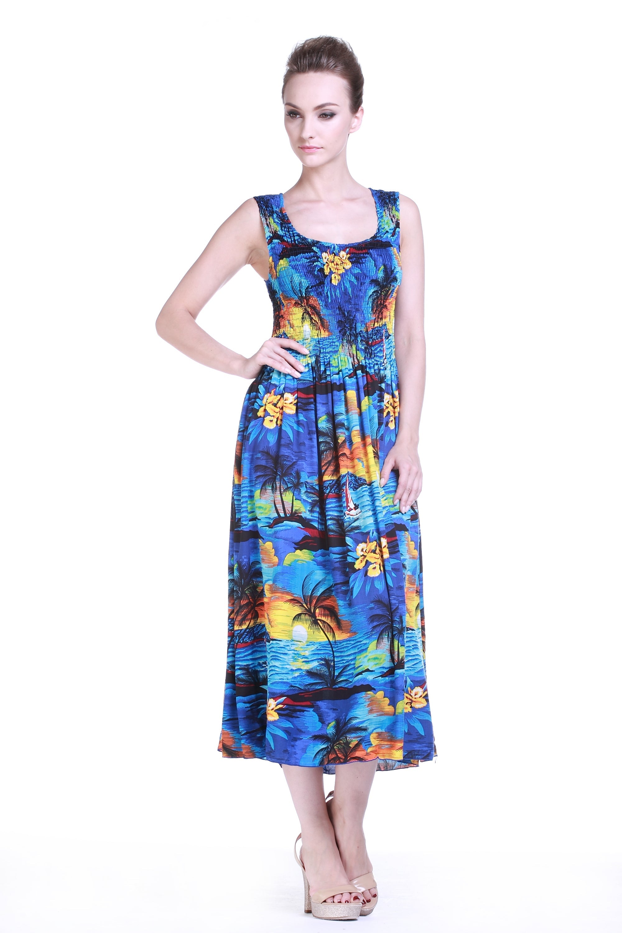 Women's Maxi Tank Elastic Luau Dress Sunset Blue
