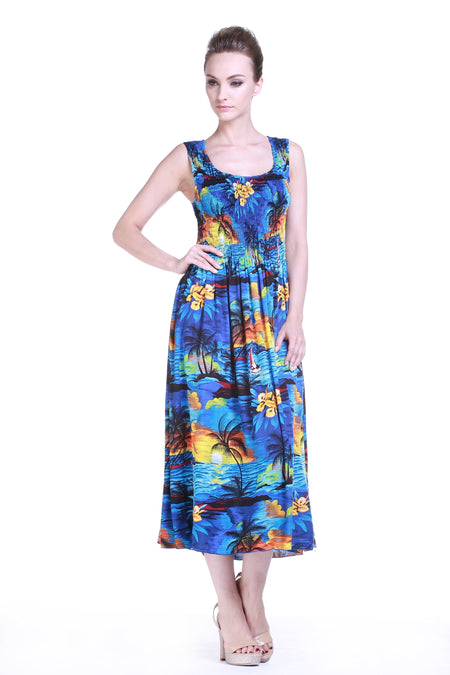Women's Maxi Tank Elastic Luau Dress Sunset Blue