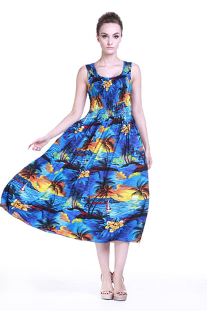 Women's Maxi Tank Elastic Luau Dress Sunset Blue