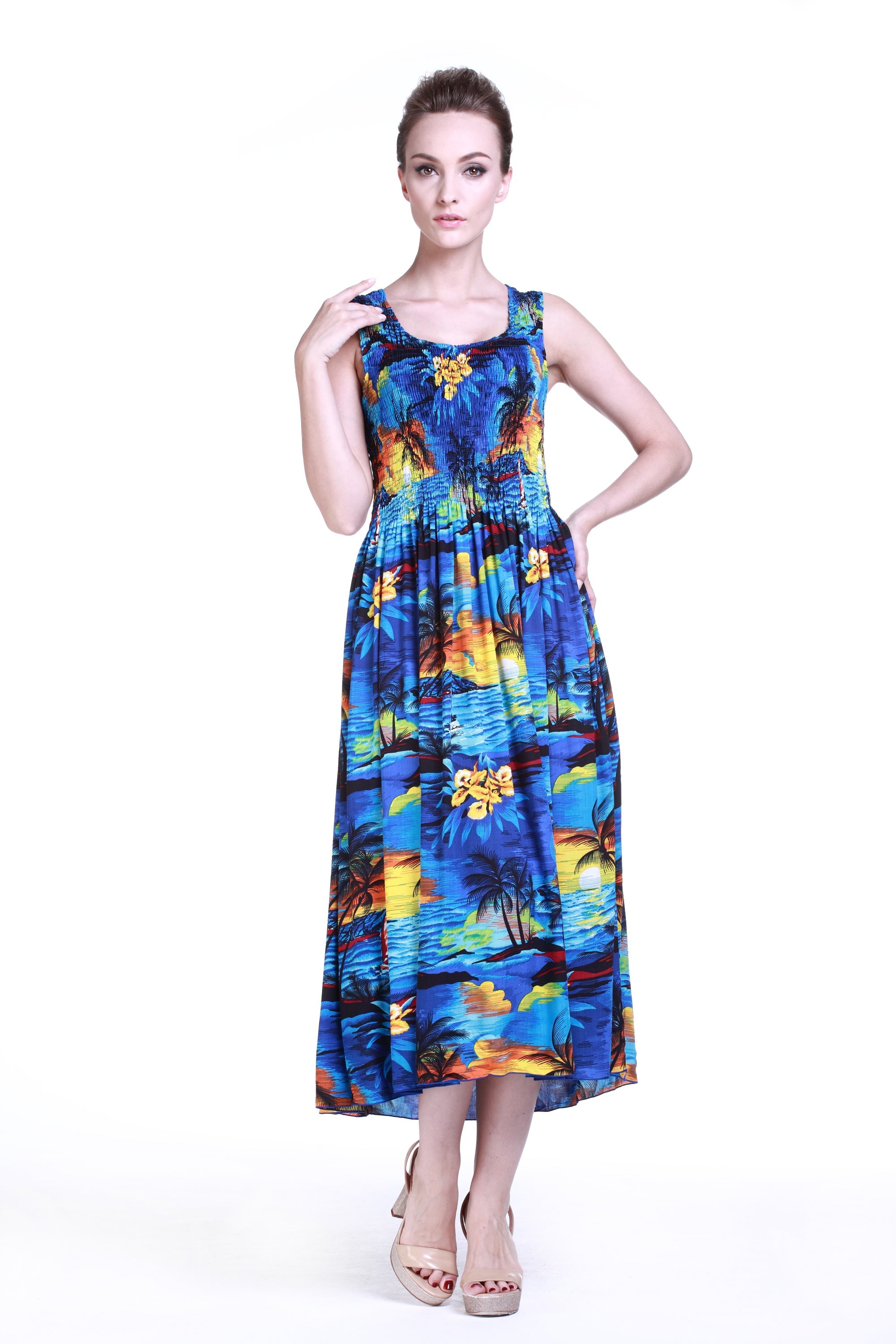Women's Maxi Tank Elastic Luau Dress Sunset Blue