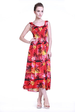 Women's Maxi Tank Elastic Luau Dress Sunset Red
