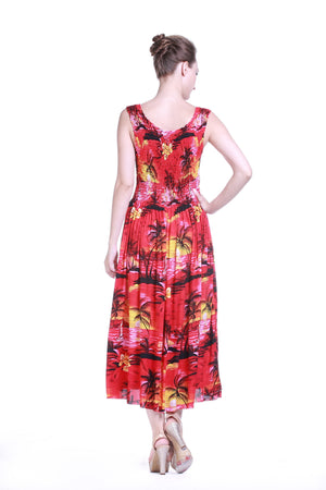 Women's Maxi Tank Elastic Luau Dress Sunset Red