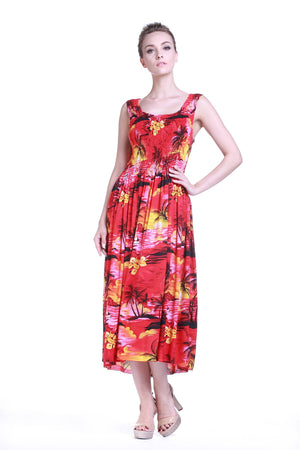 Women's Maxi Tank Elastic Luau Dress Sunset Red