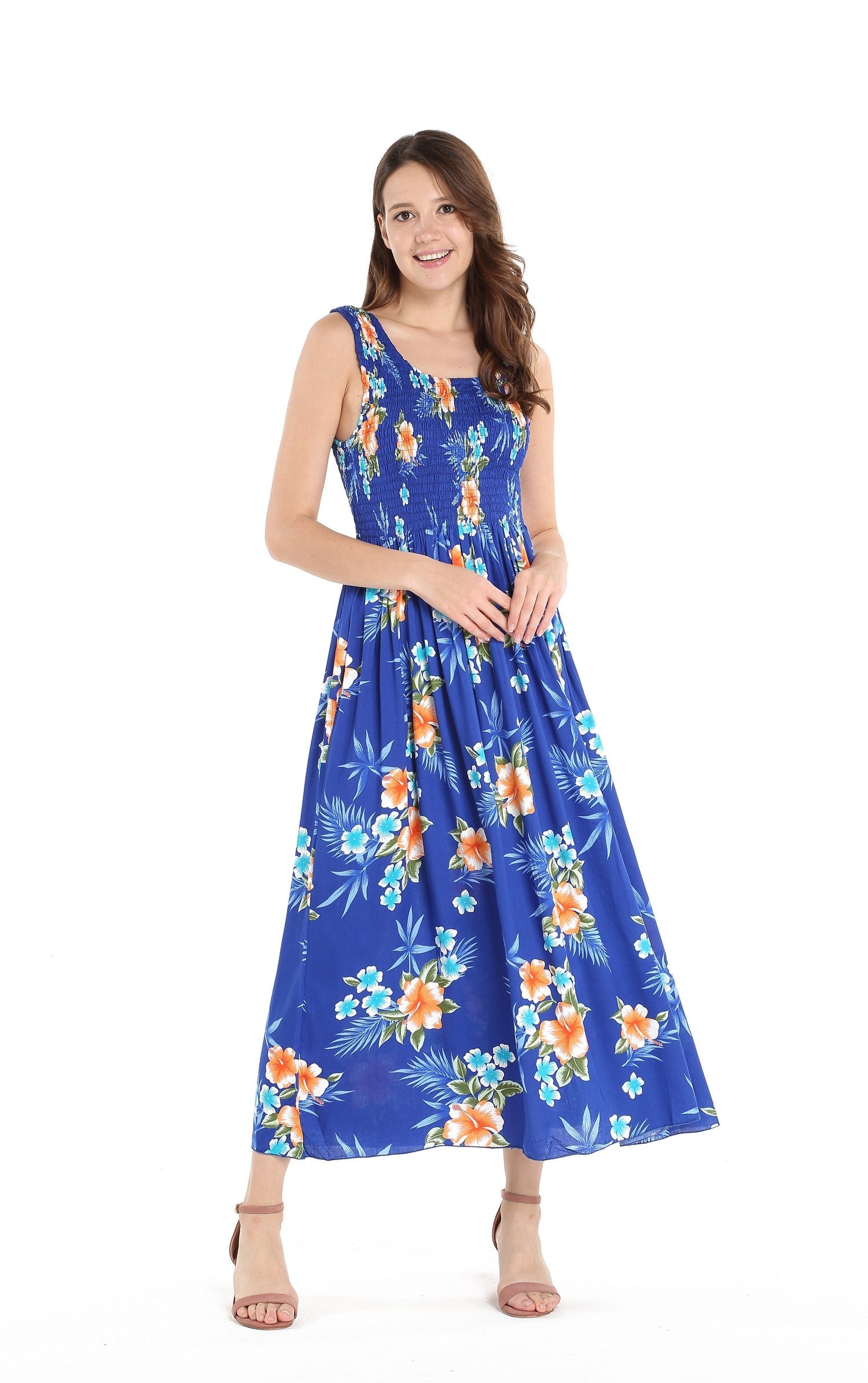 Women's Maxi Tank Elastic Luau Dress in Hibiscus Blue