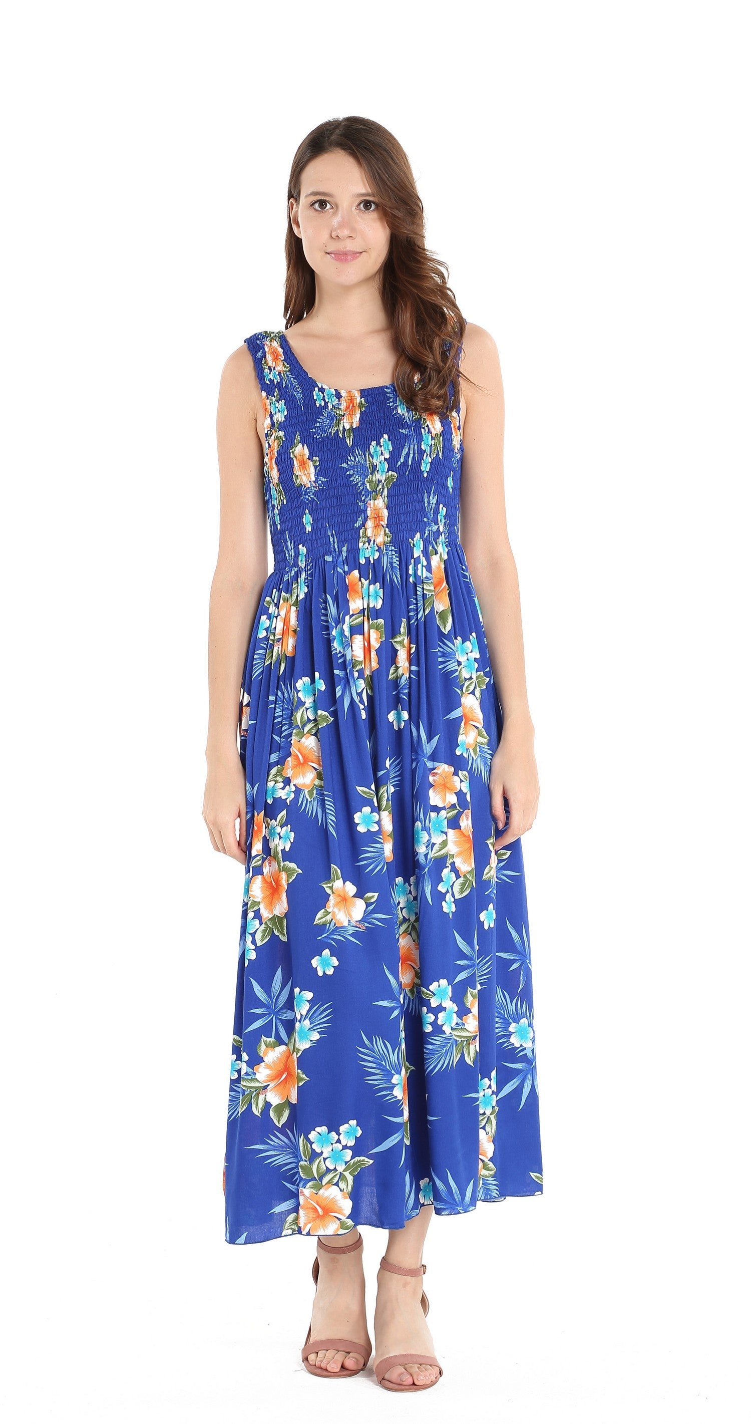 Women's Maxi Tank Elastic Luau Dress in Hibiscus Blue