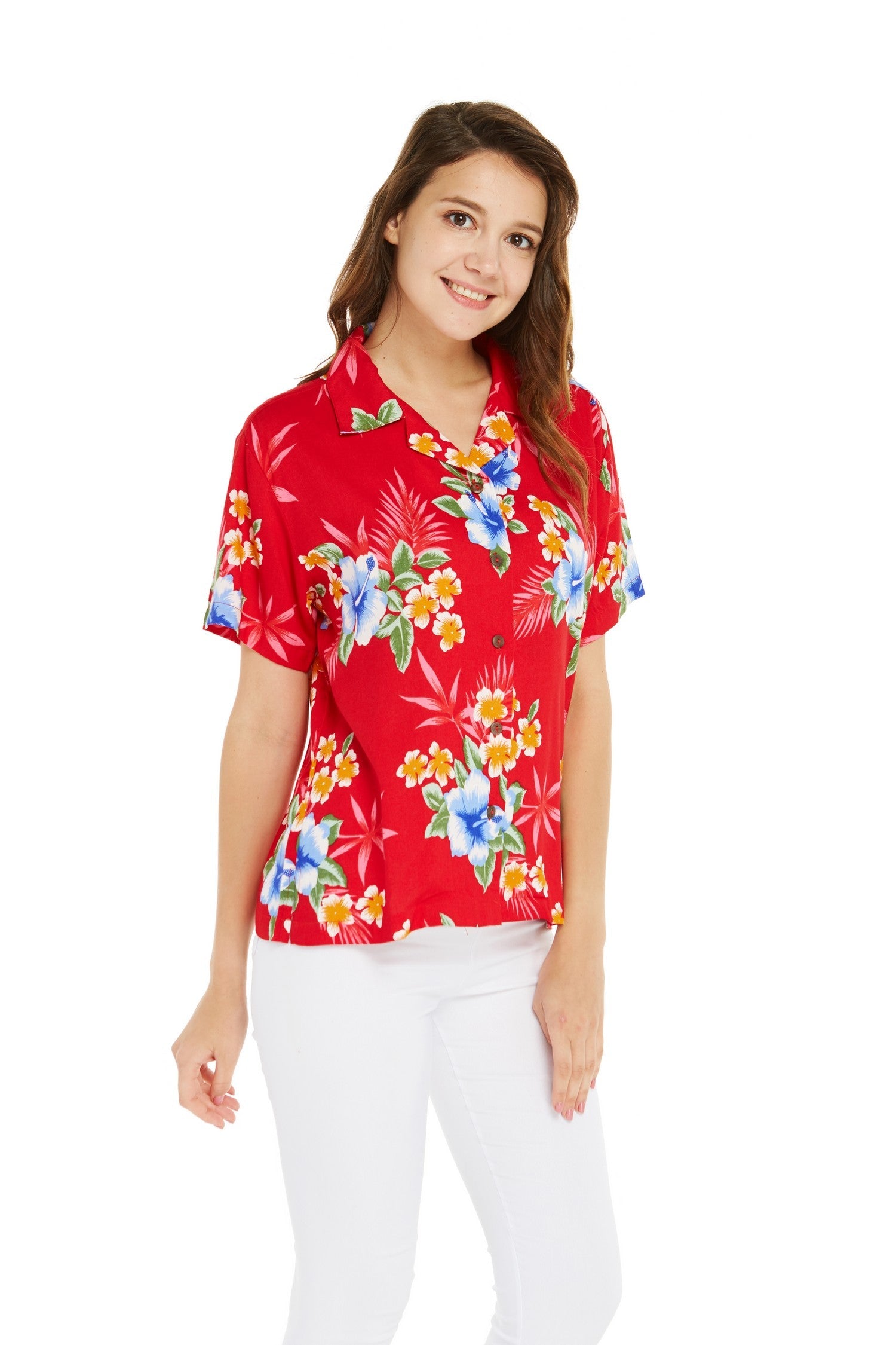 Women's Lady Aloha Shirt in Hibiscus Red