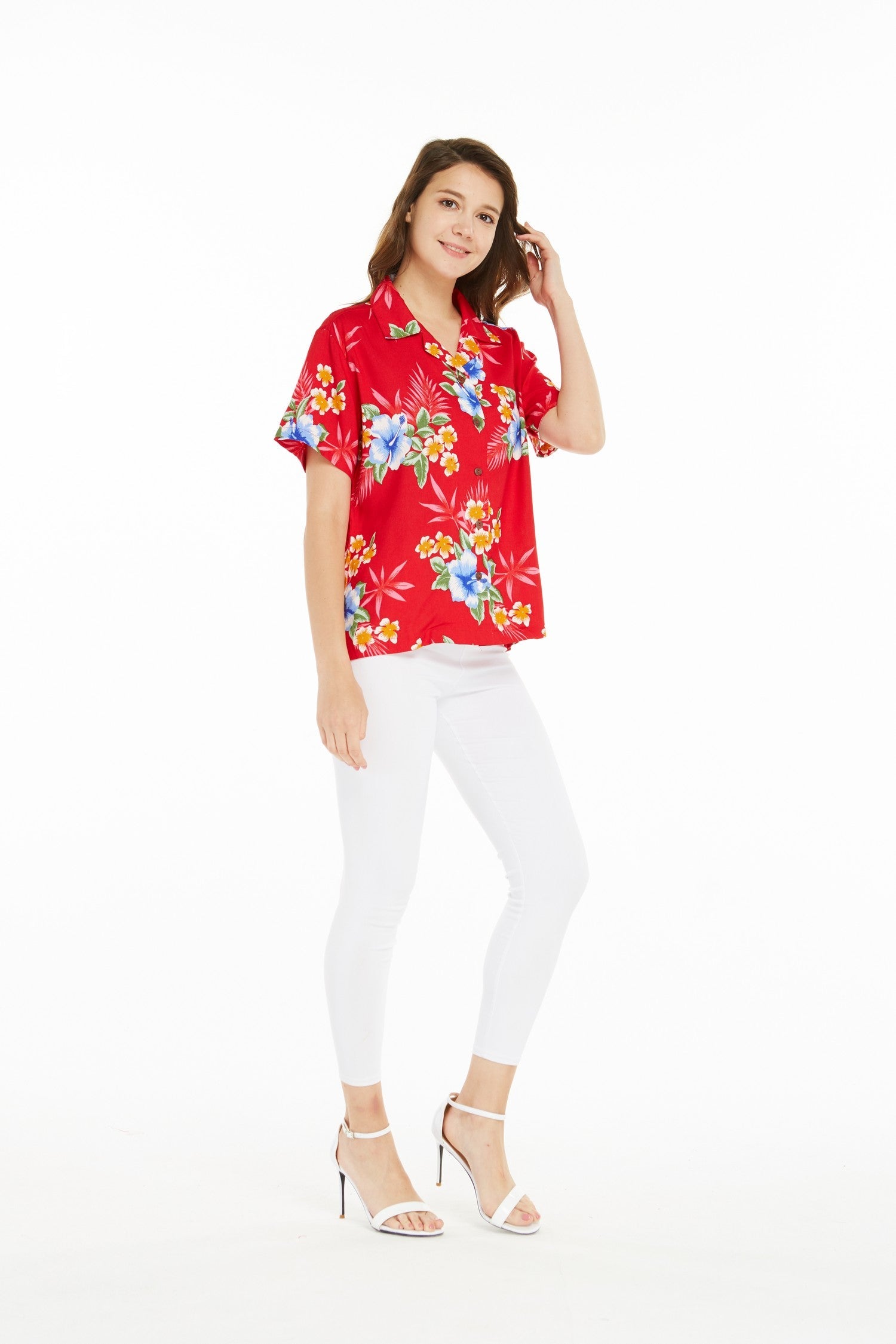 Women's Lady Aloha Shirt in Hibiscus Red