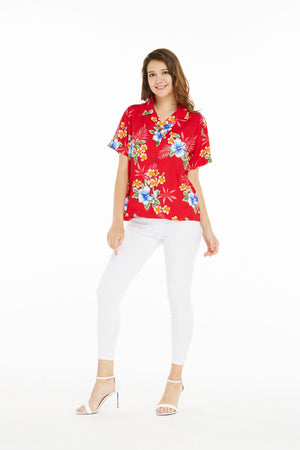 Women's Lady Aloha Shirt in Hibiscus Red