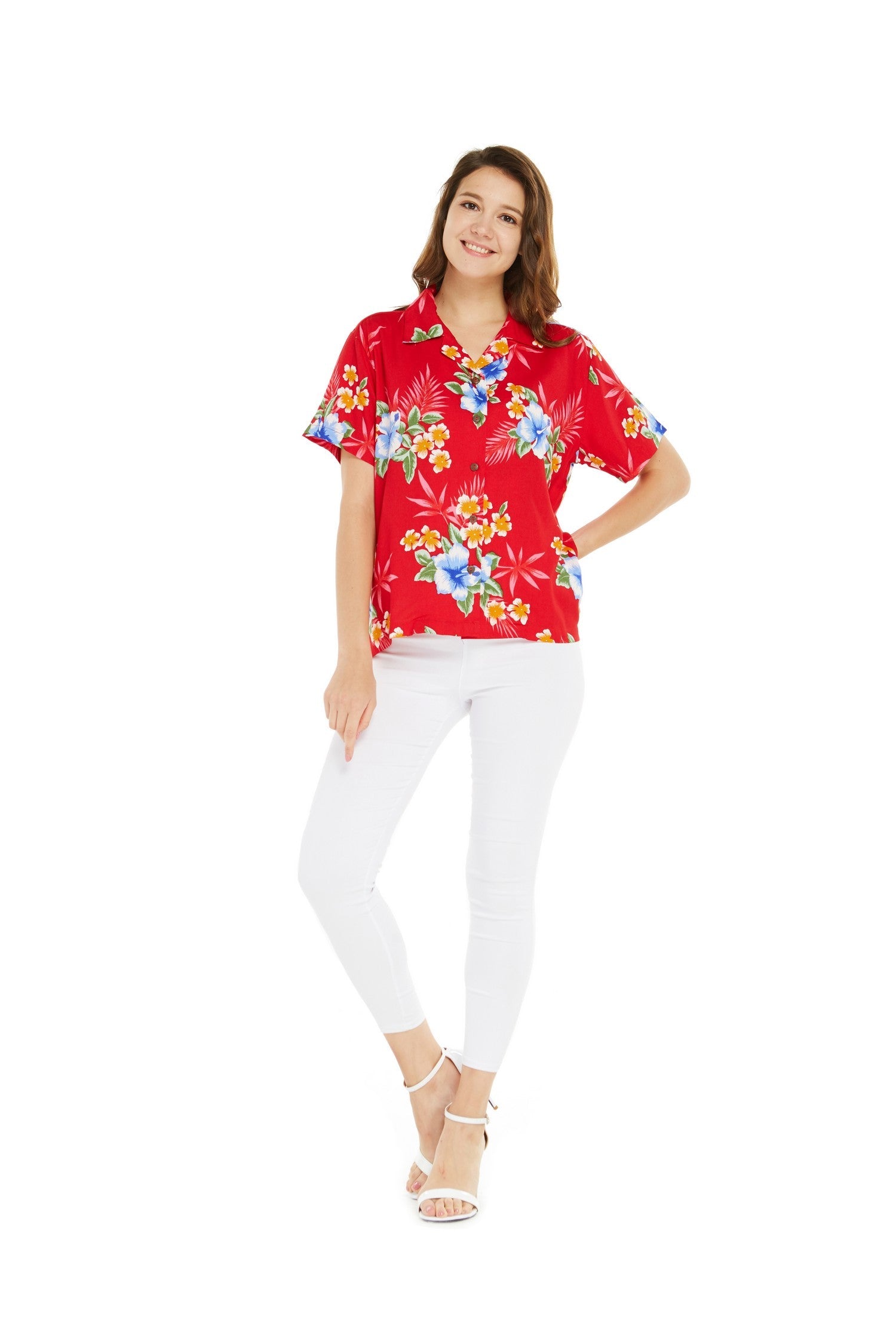 Women's Lady Aloha Shirt in Hibiscus Red