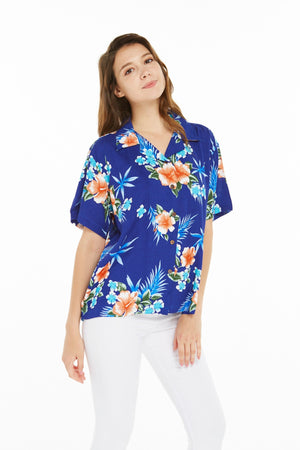 Women's Lady Aloha Shirt in Hibiscus Blue