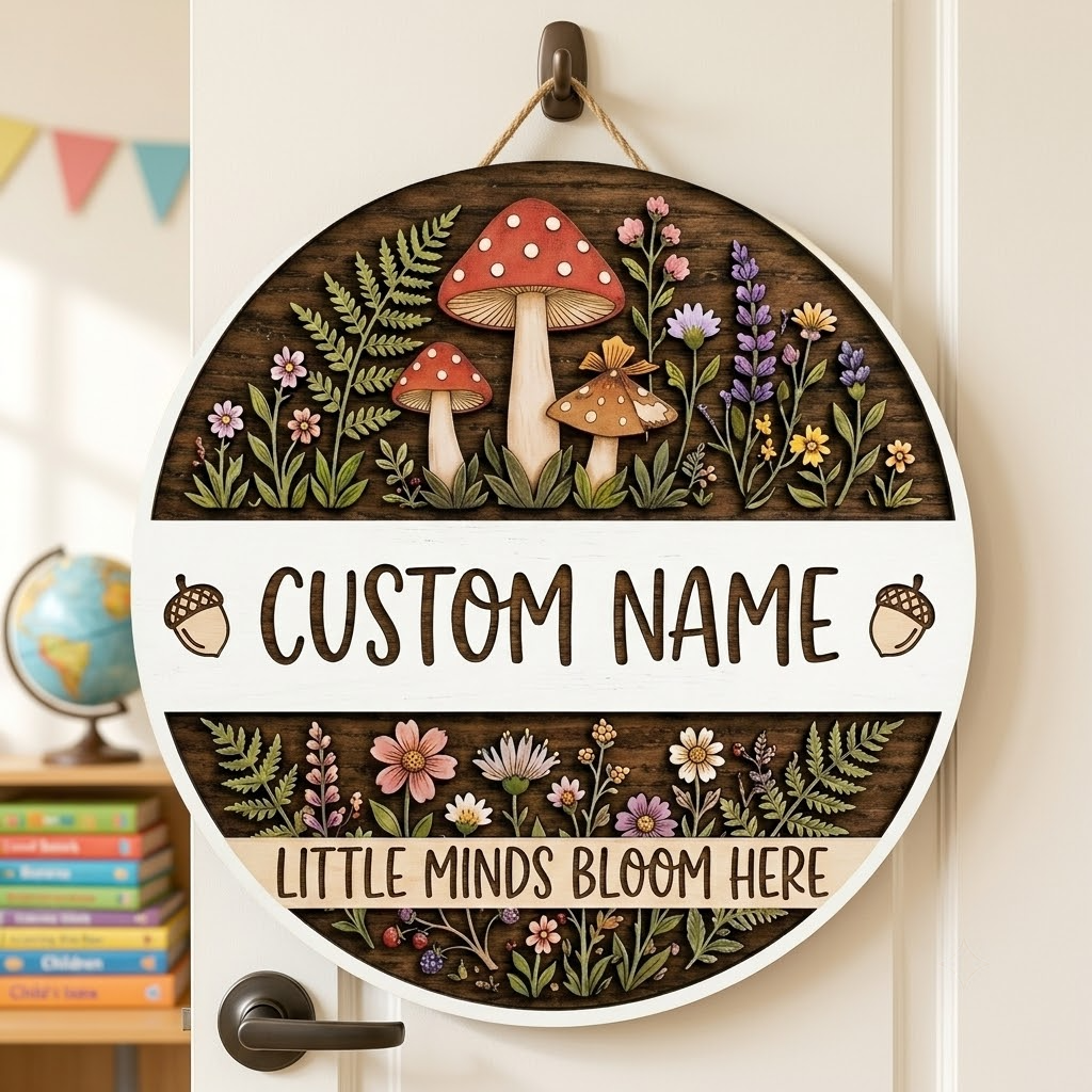 Personalized Teacher Sign, Woodland Classroom Decor, Mushroom Forest Wooden Sign