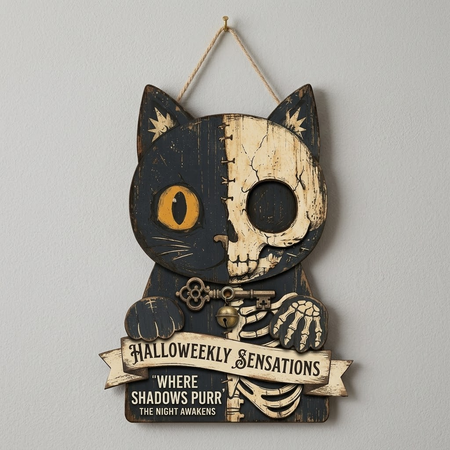 Skeleton Cat Sign, Black Cat Door Hanger, Gothic Halloween Decor