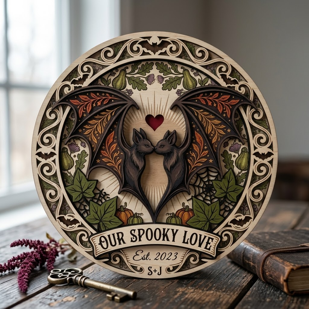 Gothic Bat Couple Wooden Wall Decor, Spooky Valentine Gift For Witchcore Home