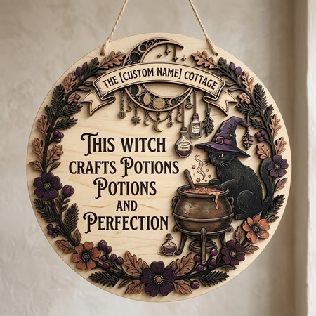 Witch Cat Wooden Sign Halloween Decor Spooky Black Cat