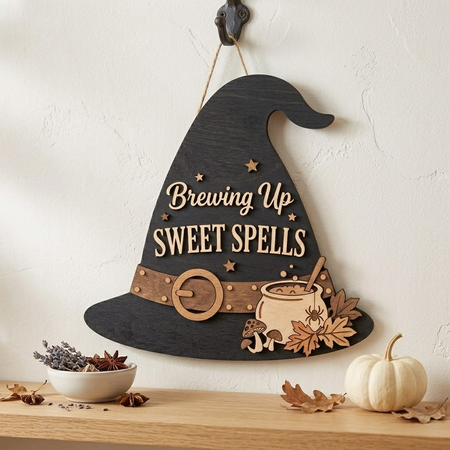Spooky Halloween Door Hanger, Witch Hat Wooden Sign For Front Door Decor